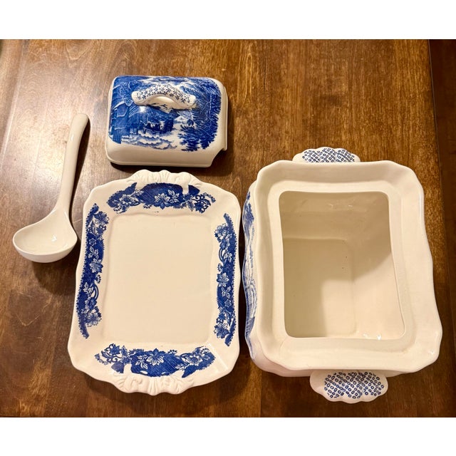 Ceramic Mid 20th Century Trimont Ware Blue and White Castle Transfer Tureen Set - 3pcs For Sale - Image 7 of 12