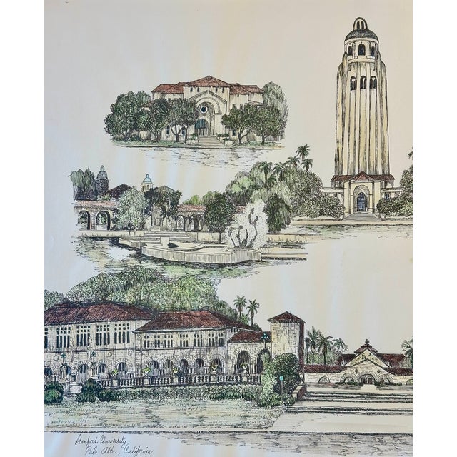 1980s Stanford University Palo Alto, California Campus Print by Liz Bryant – Hand-Colored Architectural Illustration, 24” X 18” For Sale - Image 4 of 5