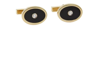 Tiffany & Co. Diamond Onyx Oval Shape 18k Yellow Gold Stud Cufflinks, 2 Pieces