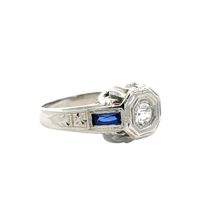 Metal Mid 20th Century 18k White Gold Art Deco Diamond & Blue Sapphire Ring, Size 7.75 For Sale - Image 7 of 9
