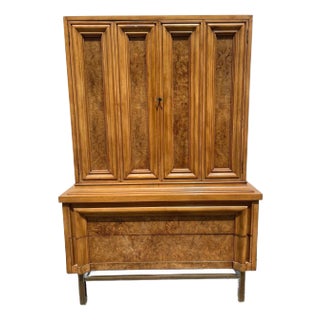 Mid Century Modern Armoire JL Metz Burl Wood Brass Gentlemen's Chest Storage For Sale