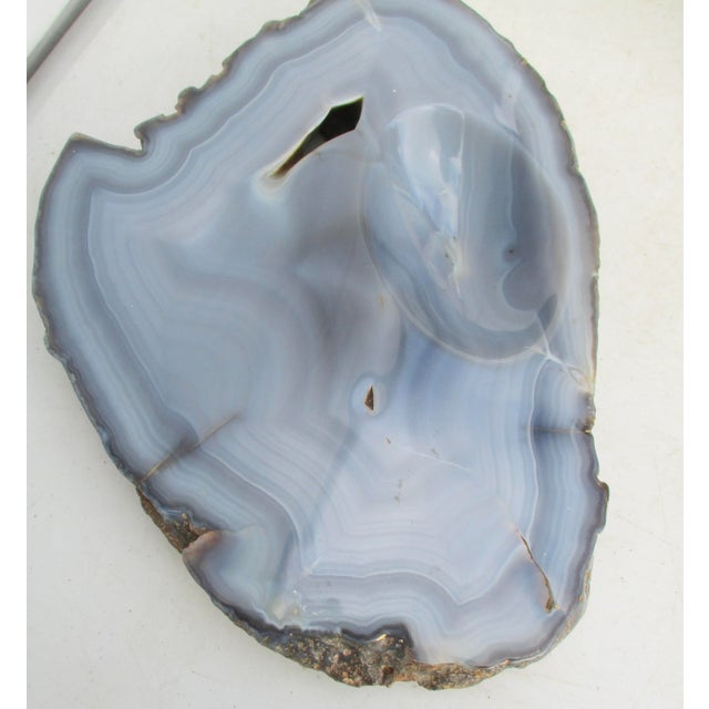 Blue-Grey Agate geode slab, cut and polished in a fine manner. A thick cut allows a shallow oval bowl to be formed off-...