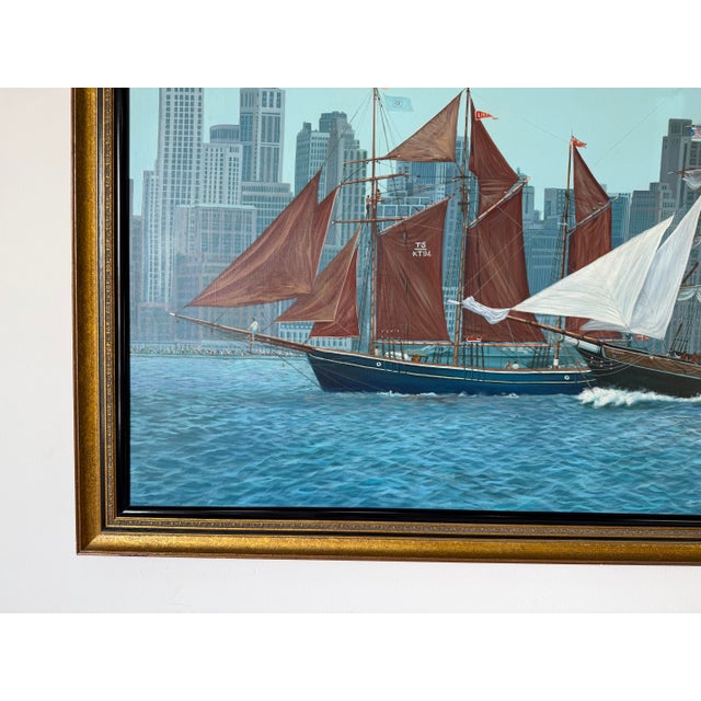 Blue Large- 1980’s Diane Kenny Maritime City Skyline Painting, Framed For Sale - Image 8 of 12