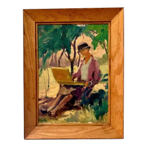 Vintage Impressionist Portrait Painting of Woman / Lady Artist Seated in a Landscape, Circa 1930