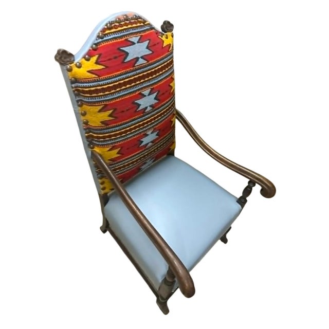 Wood Antique Carved Walnut Hacienda Chair Reupholstered With Artisanal Oaxaca Zapotec Tapestry and Leather For Sale - Image 7 of 7