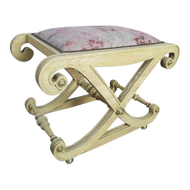 Italian Style "X" Bench With Chinoiserie Linen Seat For Sale