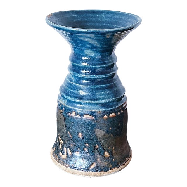 Vintage Hand Thrown Pottery Vase in Blue and Brown Glaze, Signed For Sale