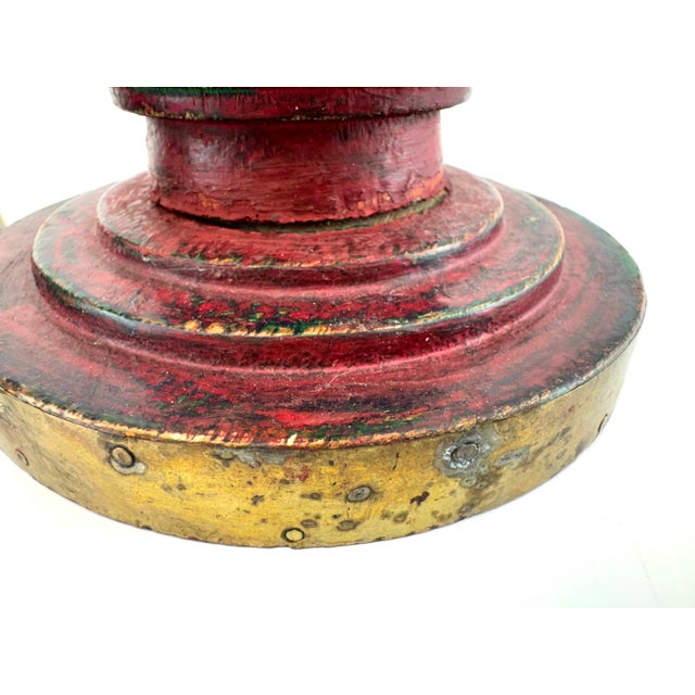 1970s Pair of Hand-Painted Red and Gold Wooden Candleholders With Brass Trim For Sale - Image 10 of 13