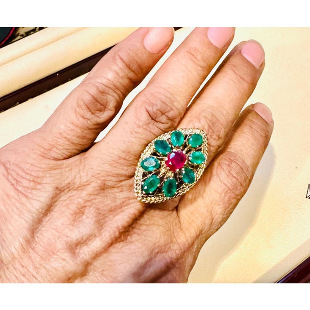 2 Ct Natural Emerald, 1 Oval Ruby Cocktail Marquise Shape Ring 14 Kt Yellow Gold For Sale - Image 13 of 18