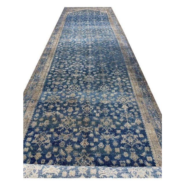 Exact Size: 4'6" x 19'0" Color: Blue Age: Old Materials: Wool Construction: Hand Knotted