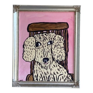 Folk Art Dog Sitting in a Chair Original Contemporary Painting For Sale