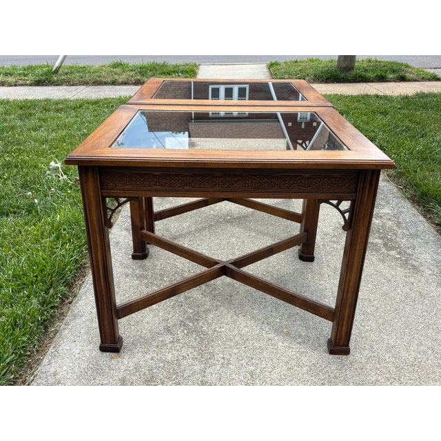 1970s Pair Glass Top Side Tables With Fretwork For Sale - Image 10 of 10