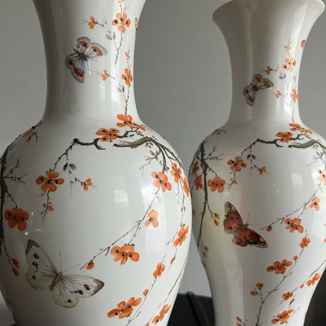 Mid-Century Modern 1960's Ceramic Lamps Chinoiserie Cherry Blossom & Butterfly - A Pair For Sale - Image 3 of 11