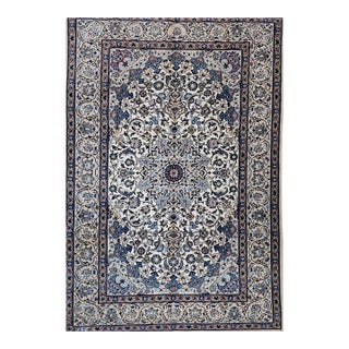 Vintage Persian Nain Area Rug, Hand-Knotted Wool & Silk, Floral Pattern, 7x11, Ivory & Blue For Sale