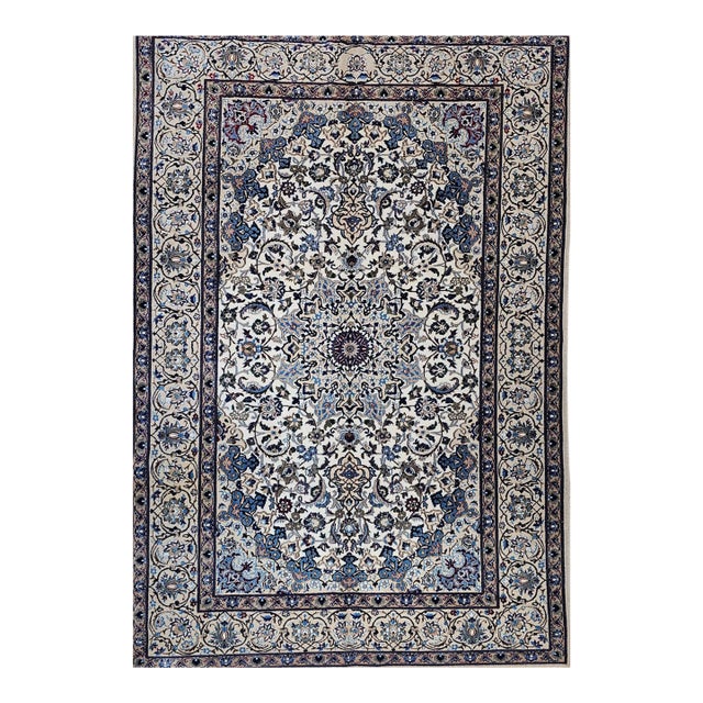 Vintage Persian Nain Area Rug, Hand-Knotted Wool & Silk, Floral Pattern, 7x11, Ivory & Blue For Sale