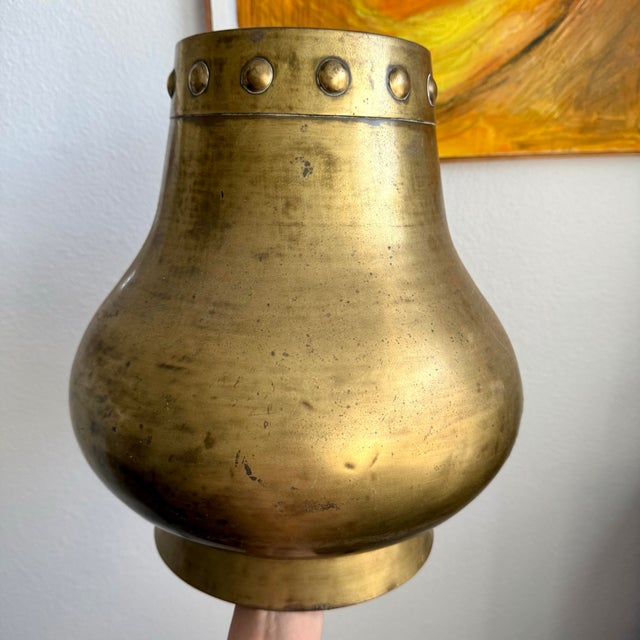 Vintage Modern Brass Planter Catchpot Jardiniere Patina Studded Hammered 13”x12” For Sale In Palm Springs - Image 6 of 12