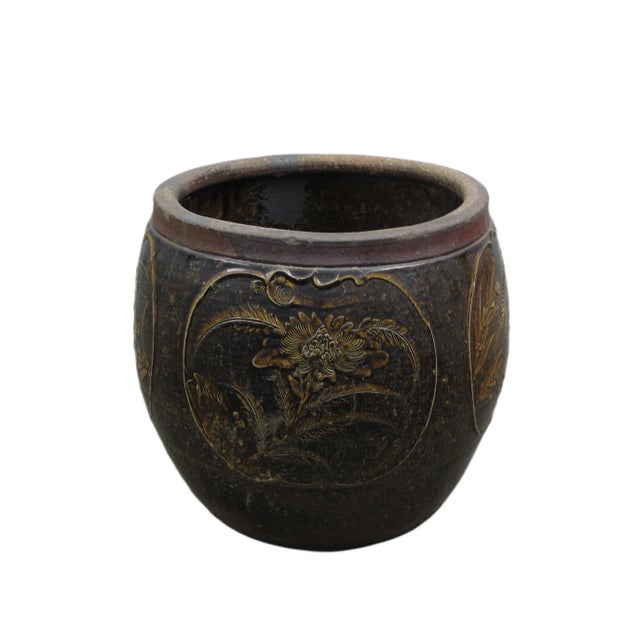 Chinese Dark Brown Glazed Earthenware Planter With Hand Painted Mystic Birds and Plants For Sale - Image 3 of 6