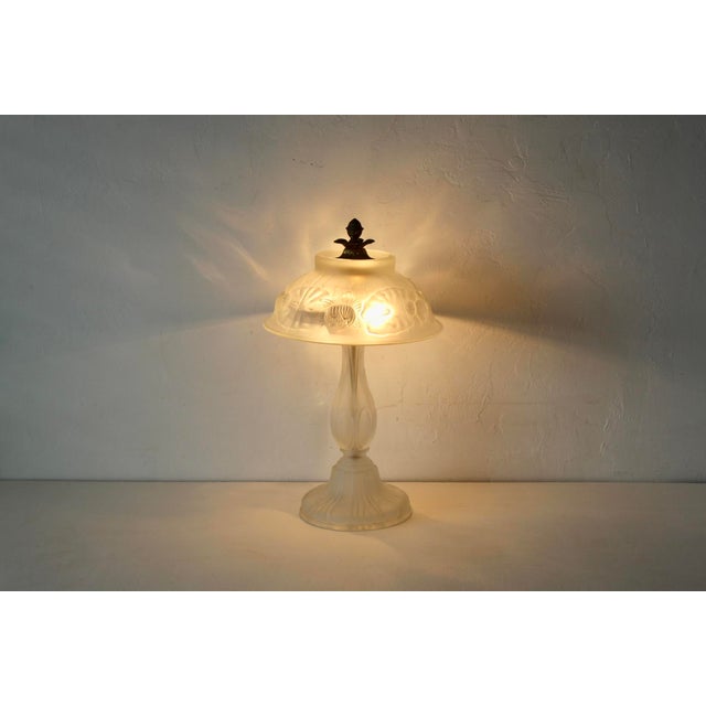 Vintage Lalique Style Art Nouveau Frosted Glass Lamp Floral Relief For Sale - Image 11 of 13