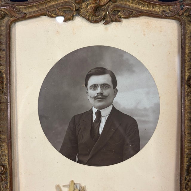 French Antique French Ornate Gilt Metal Photo Frame With Original Portrait & Pressed Edelweiss For Sale - Image 3 of 7