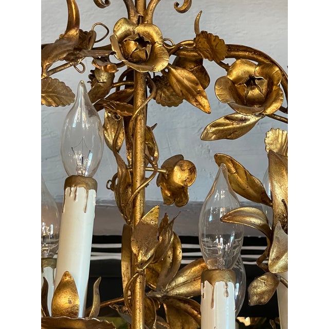 Metal Vintage 1960s Italian Mid Century Hollywood Regency Six Light Gilt Floral Chandelier For Sale - Image 7 of 13