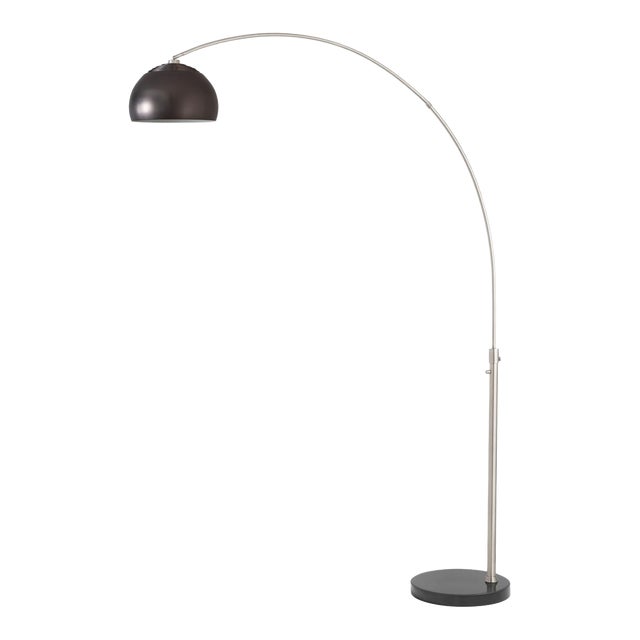 92-Inch Nova of California Half Dome Arc Floor Lamp - Mid Century Modern, Satin Nickel, Black Marble Base, Dimmable For Sale