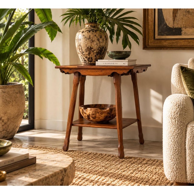 Beautiful handcrafted oak end table dated 1996 and signed G.B.D. Featuring a warm natural oak finish, elegant scalloped...