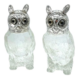 Austrian Art Deco 'Rock Crystal' & Sterling Owl Salt & Pepper Shakers - a Pair For Sale