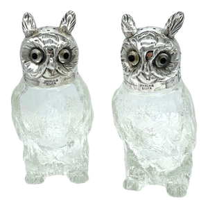 Austrian Art Deco 'Rock Crystal' & Sterling Owl Salt & Pepper Shakers - a Pair