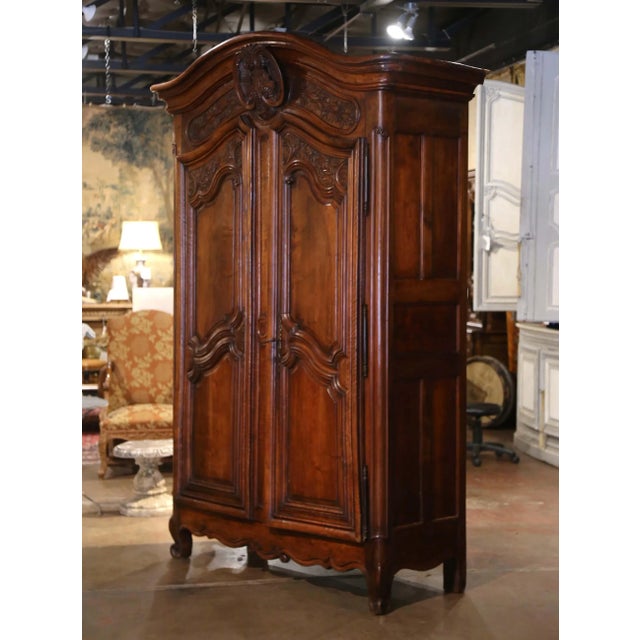 18th Century French Louis XV Carved Walnut Armoire Lyonnaise With Floral Motifs For Sale - Image 10 of 12