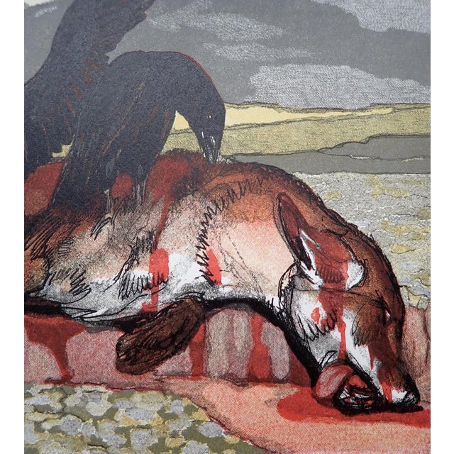 Modern Paul Jouve, The Crows and the Fox on the Ground, Wood Engraving For Sale - Image 3 of 4