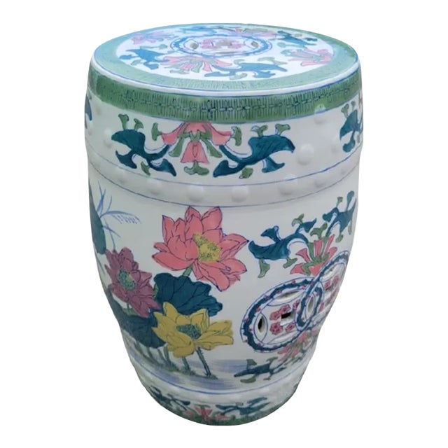 Vintage Ceramic Floral Chinoiserie Regency Garden Stool For Sale