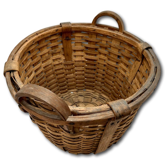Large Size Substantially Made Antique American Hand Woven Ash Wood Splint Maine Apple Farm Basket For Sale - Image 12 of 18
