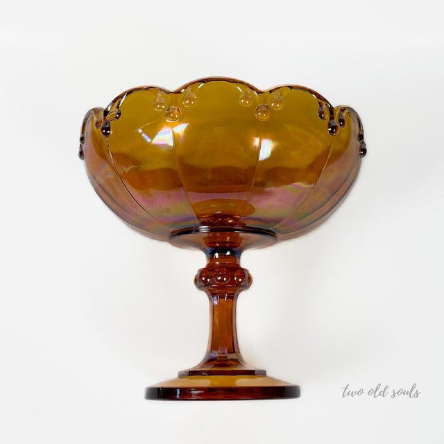 Vintage Scalloped Amber Carnival Glass Pedestal Bowl For Sale In Raleigh - Image 6 of 9