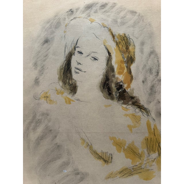 Original drawing attributed to André Vertès. Expressive female portrait rendered in charcoal or graphite with warm yellow...