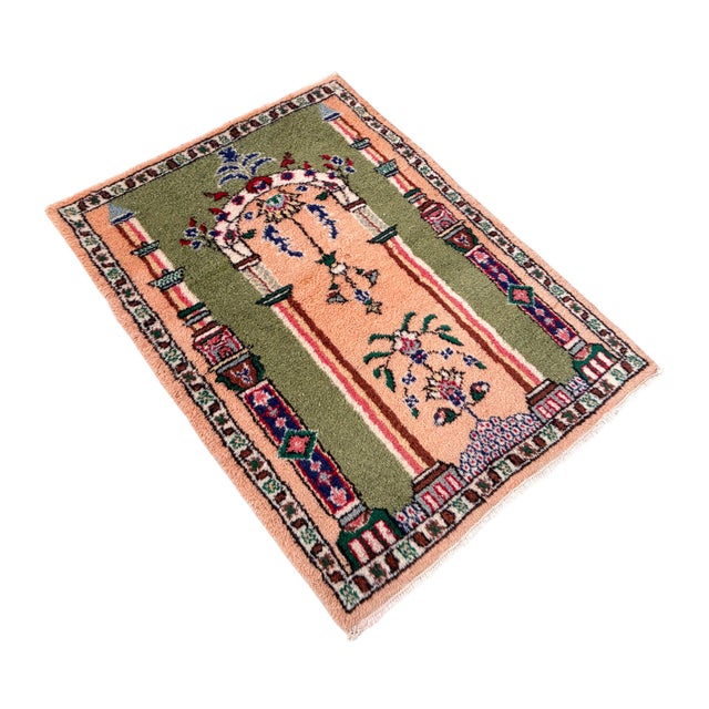 Vintage Hand-Knotted Turkish Prayer Rug Ultra Soft Organic Wool Rug 3x4 Ft Approx For Sale - Image 6 of 10