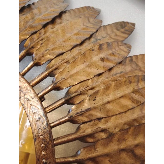 Large Spanish Crown Sunburst Fixture in Gilt Metal Curve Glass, 1950 For Sale - Image 4 of 8