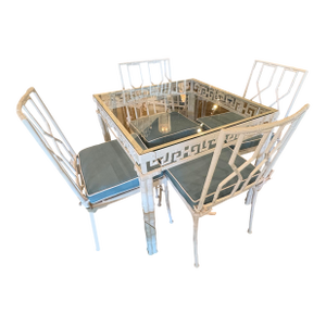 Vintage 5 Pc Faux Bamboo Greek Key Patio Dining Game Table & Chairs Restored