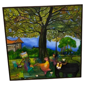 Asian Pastoral Farm Scene, Original Framed Oil on Canvas, by Youngsook Park Circa 2000