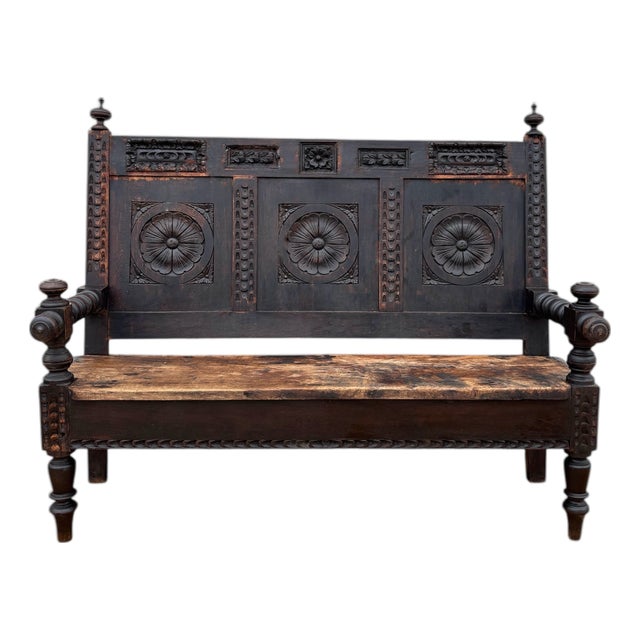 Spanish Carved Wooden Bench, 1930 For Sale