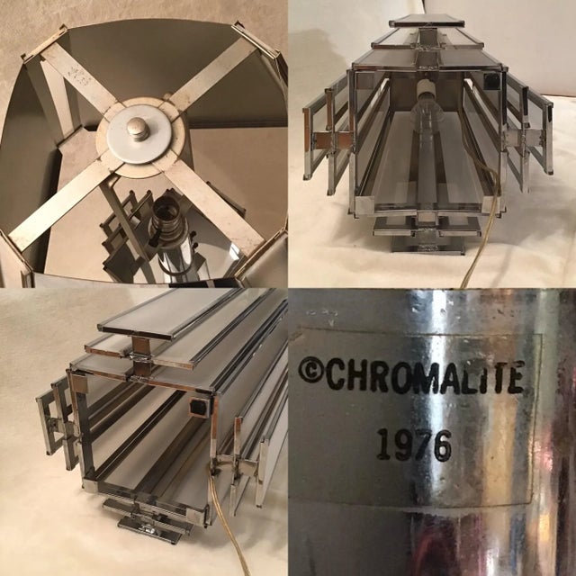 1970s Skyscraper Chrome Shade Chrome and Lucite Table Lamps by Chromalite - a Pair For Sale - Image 11 of 13