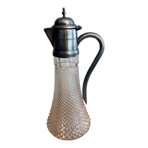 1940s Etched Crystal Decanter Water Pitcher With Silver Plated Handle and Spout