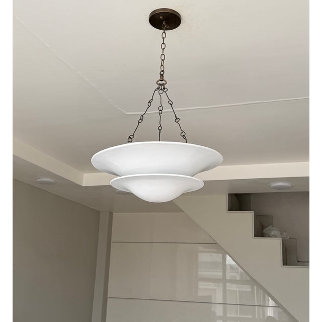 Black Matte White Layered Pendant Light | 4-Light Steel Shade Chandelier With Black Antique Brass Chain For Sale - Image 8 of 18
