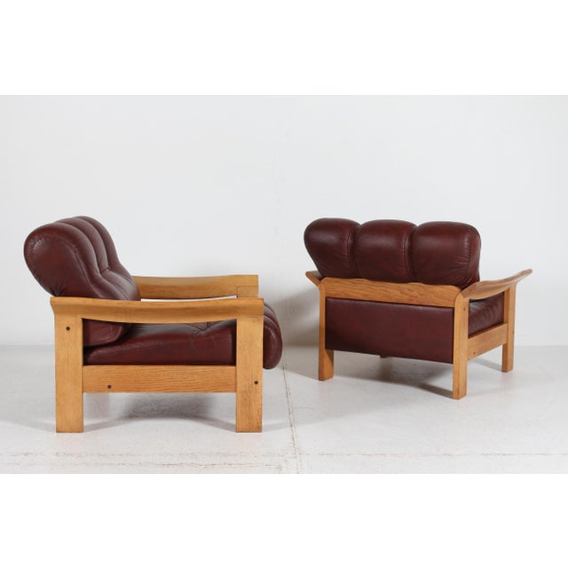 Brutalist Lounge Chairs in Oak and Reddish Brown Leather, 1970s, Set of 2 For Sale - Image 11 of 17