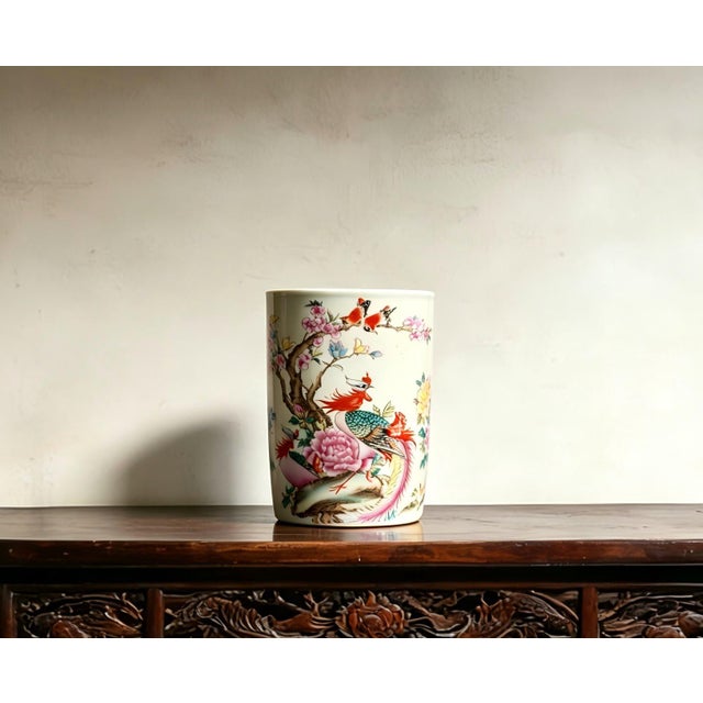 Art Deco Chinese Ceramic Pot,Tongzhi Marked Famille Rose Porcelain Brush Pot Hand Painted Phoenix and Birds Pattern For Sale - Image 3 of 11