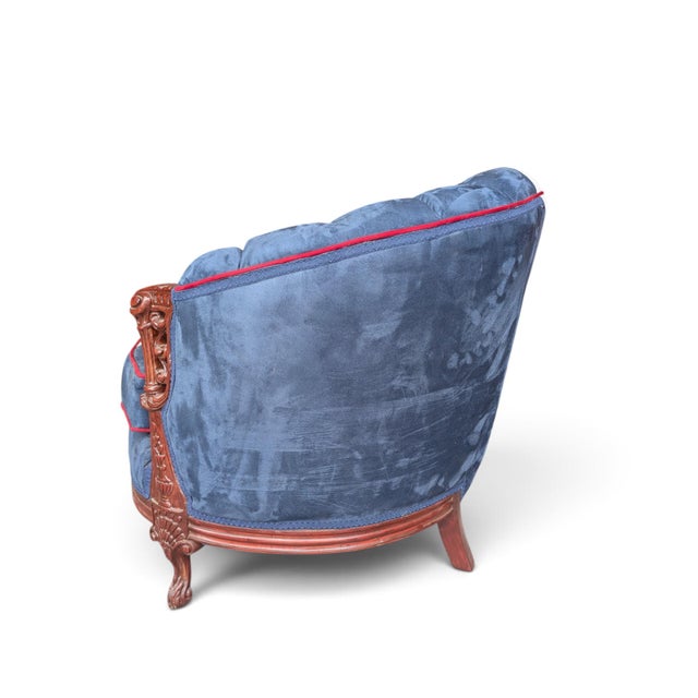 Vintage Union Jack Upholstered Sofa With Ornate Carved Wood Frame For Sale - Image 14 of 18