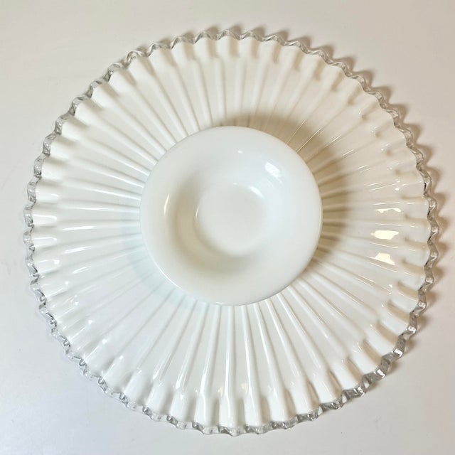 1950s Vintage Americana Farmhouse Boho Chic Fenton Silver Crest Milk Glass Ruffled Edge Low-Rise Cake Stand For Sale - Image 12 of 12