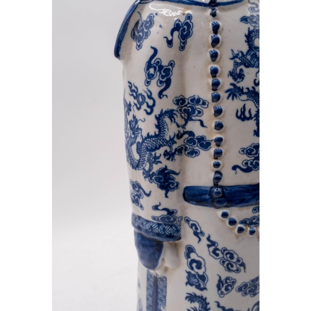 Pair of Vintage Chinese Blue & White Porcelain Chinese Emperor Figures For Sale - Image 12 of 18