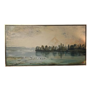 Mountain Landscape With Lake and Ducks Oil Painting, Gold Gilt Frame. For Sale