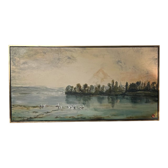 Mountain Landscape With Lake and Ducks Oil Painting, Gold Gilt Frame. For Sale