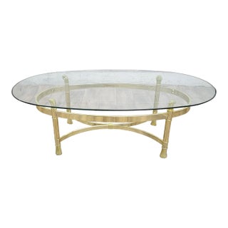 Vintage Mid Century Labarge Style Brass and Glass Oval Coffee Table For Sale
